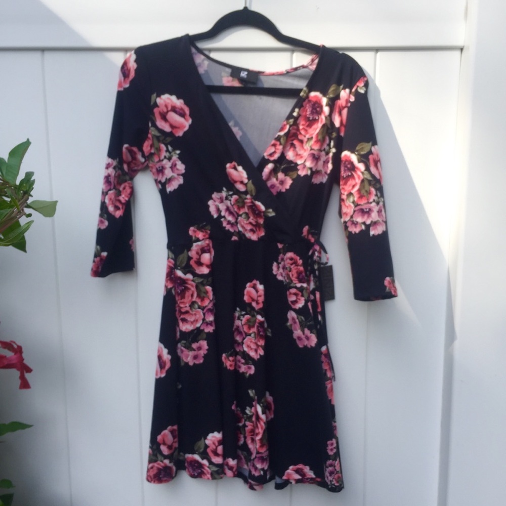 Black Long Sleeve Dress with Pink Flowers